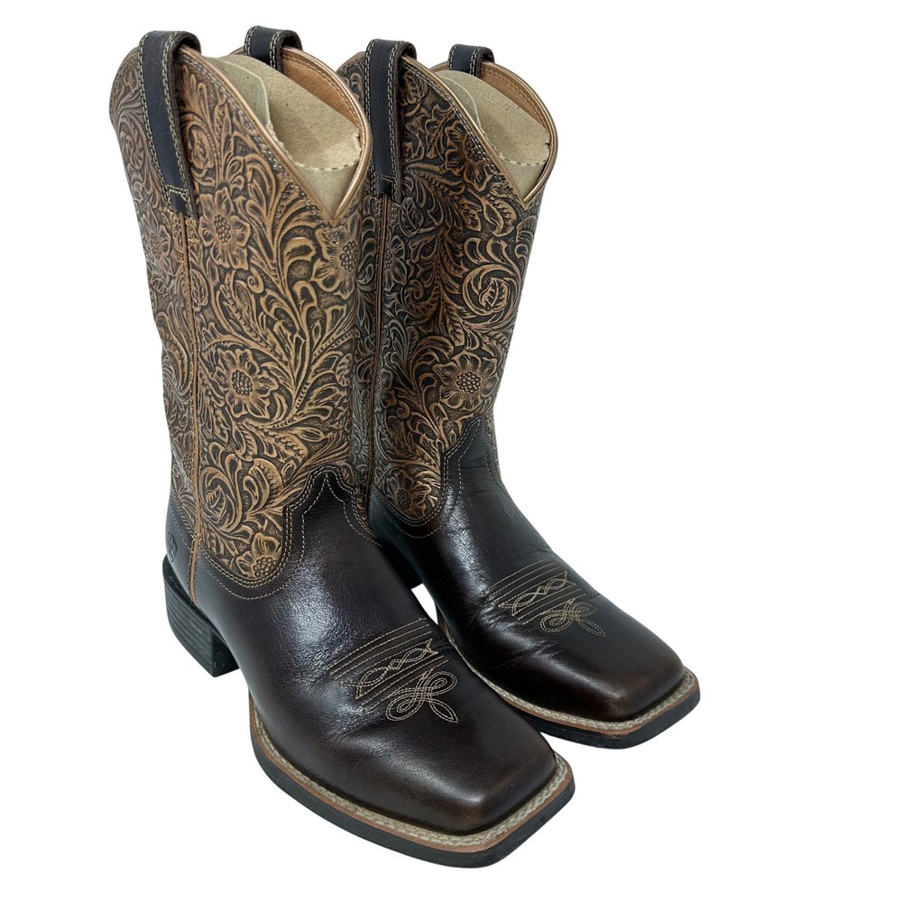 Ariat Round Up Wide Square Toe Boots Women 7.5 Brown Embossed Leather Western